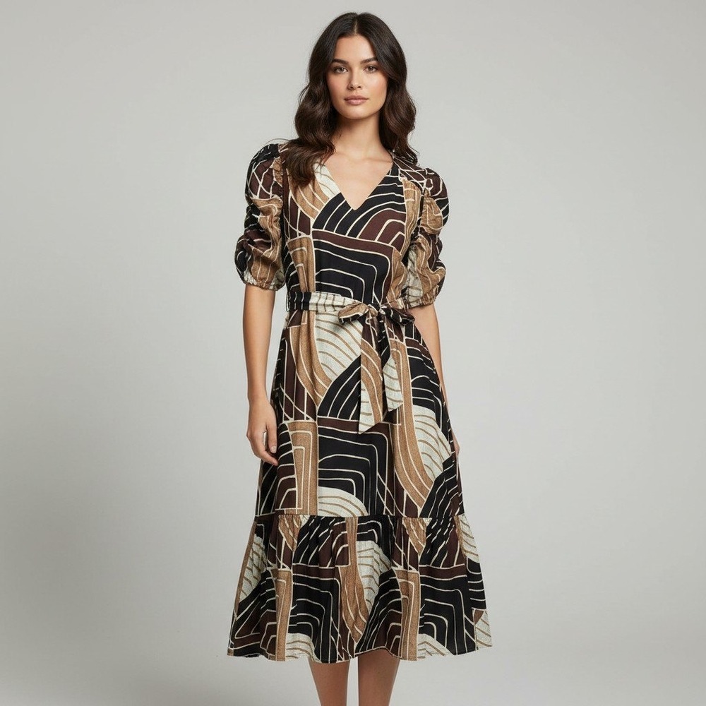 Ciebon Women Brown Geometric Abstract V-Neck Puff Sleeve Midi Dress Large NWT